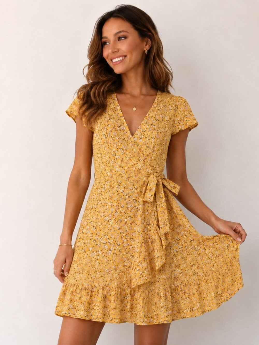 Naggoo Feminine Summer Flirty Chic Yellow Pink Lavender Floral Wrap Midi Dress L